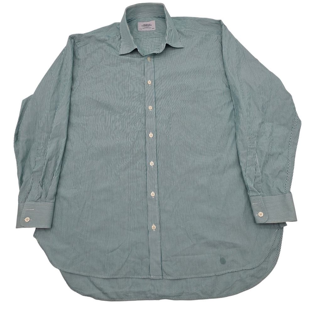 Charles Tyrwhitt Dress Shirt Mens 17.5/35 Green White Striped Long Sleeve